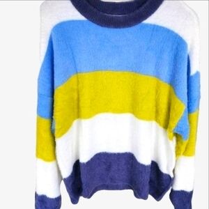 Aerie Soft Fuzzy Blue Lime Colorful Striped Women's Sweater